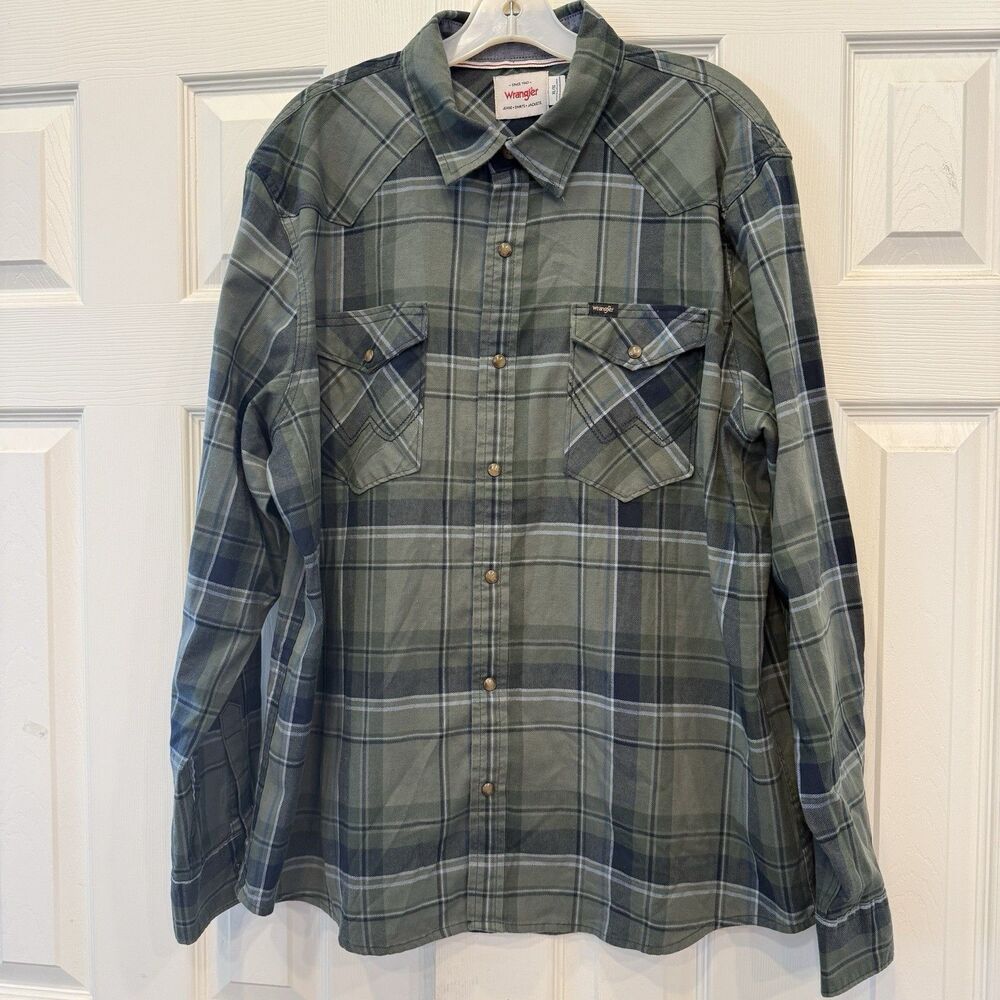 VTG Wrangler PearlSnap Mens Shirt XL Olive Green Plaid Brushpopper Western Rodeo - Picture 2 of 7